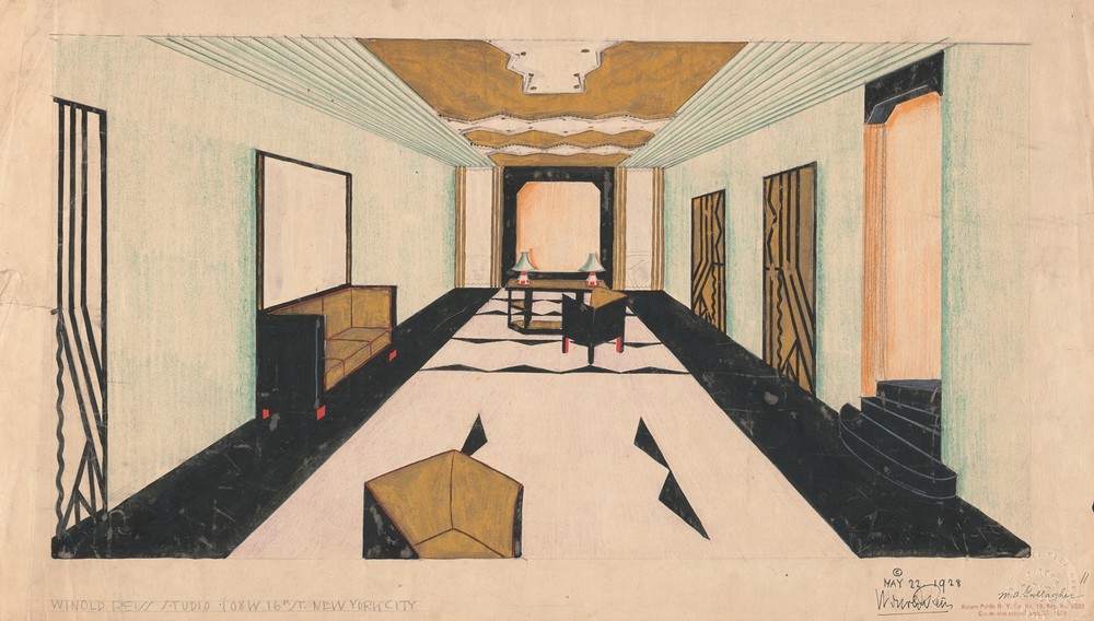 Designs for Shellball Apartments, 8300 Talbot St. at Lefferts Blvd., Kew Gardens, New York, NY.] [Perspective drawing of lobby