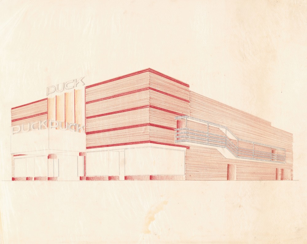 Designs for the Puck Theater (later Elgin Movie Theater, then Joyce Movie Theater), New York, NY.] [Exterior perspective study.