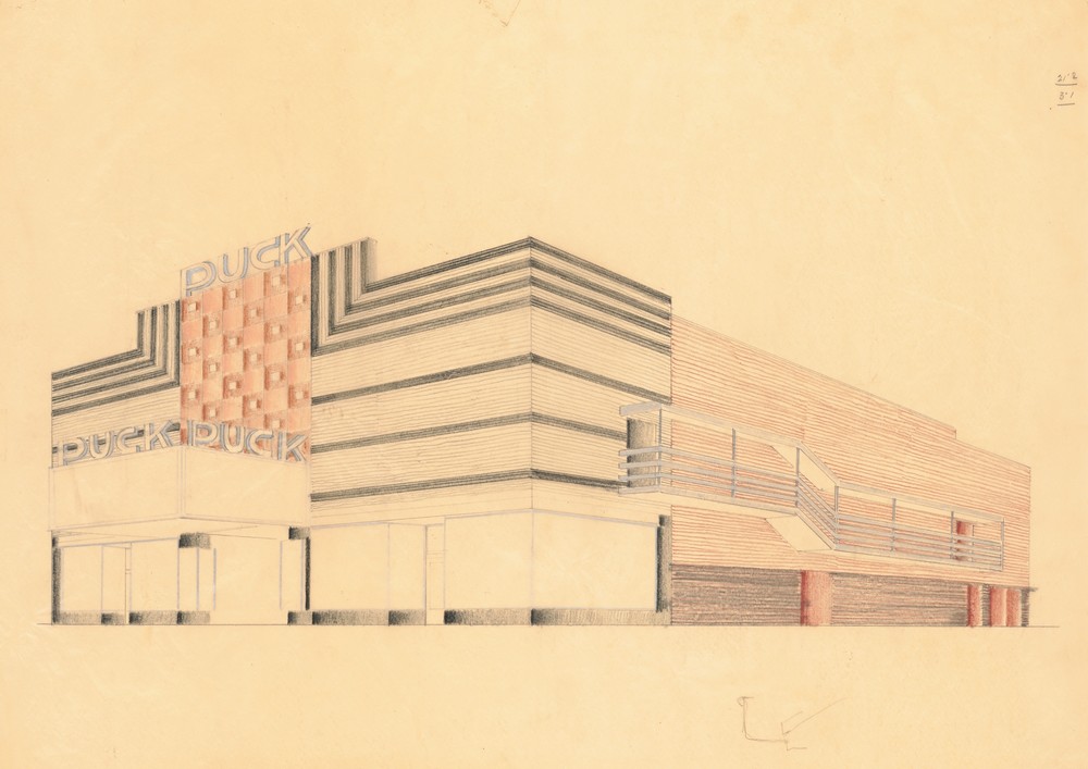 Designs for the Puck Theater (later Elgin Movie Theater, then Joyce Movie Theater), New York, NY.] [Exterior perspective study