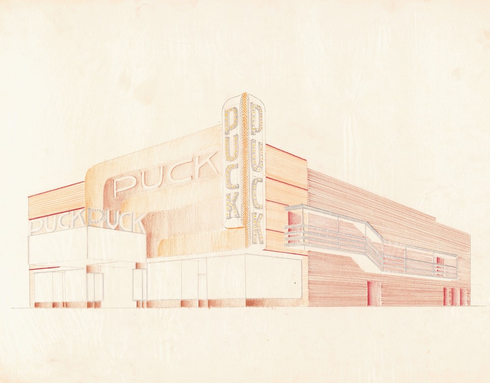 Designs for the Puck Theater (later Elgin Movie Theater, then Joyce Movie Theater), New York, NY.] [Exterior perspective study