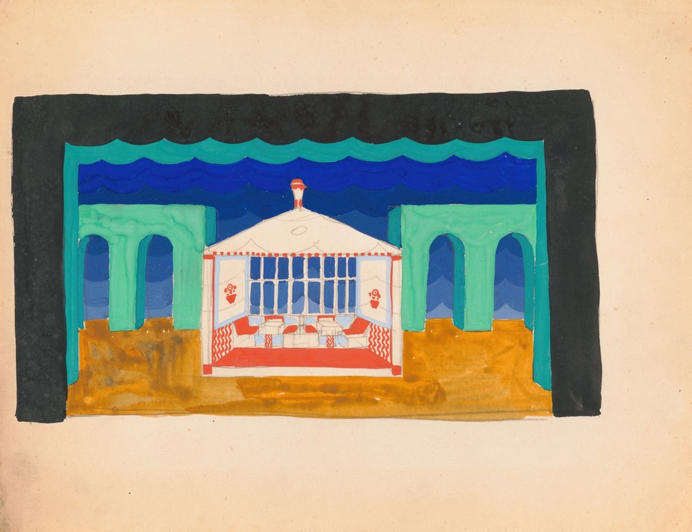 Designs for theater with black-framed proscenium and boldly colored settings.] [Study for stage light wall decoration, Caf ̌Crillon (277 Park Avenue)