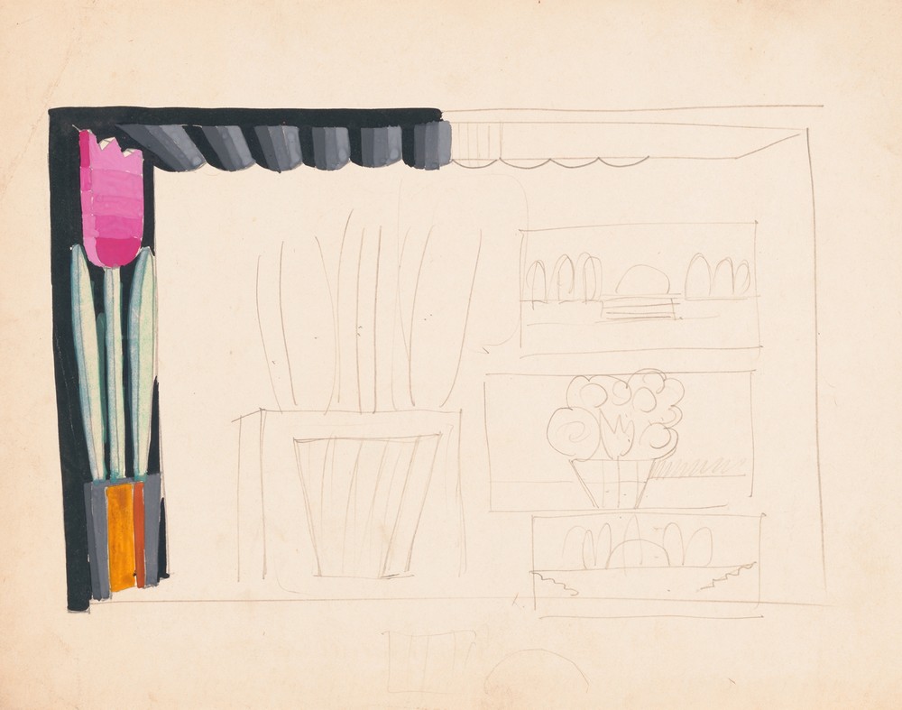 Designs for theater with black-framed proscenium and boldly colored settings.] [Study for stage light wall decoration, possibly for Caf ̌Crillon (277 Park Avenue) ….