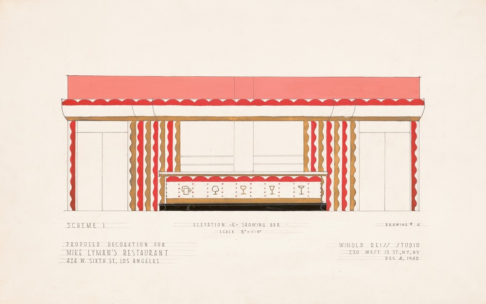 Drawings for proposed decorations of Mike Lyman’s Restaurant, 424 W. Sixth St. Los Angeles, CA.] [Scheme 1; elevation – K – showing bar