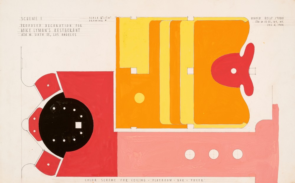 Drawings for proposed decorations of Mike Lyman’s Restaurant, 424 W. Sixth St., Los Angeles, CA.] [Color scheme for ceiling, playroom – bar – foyer