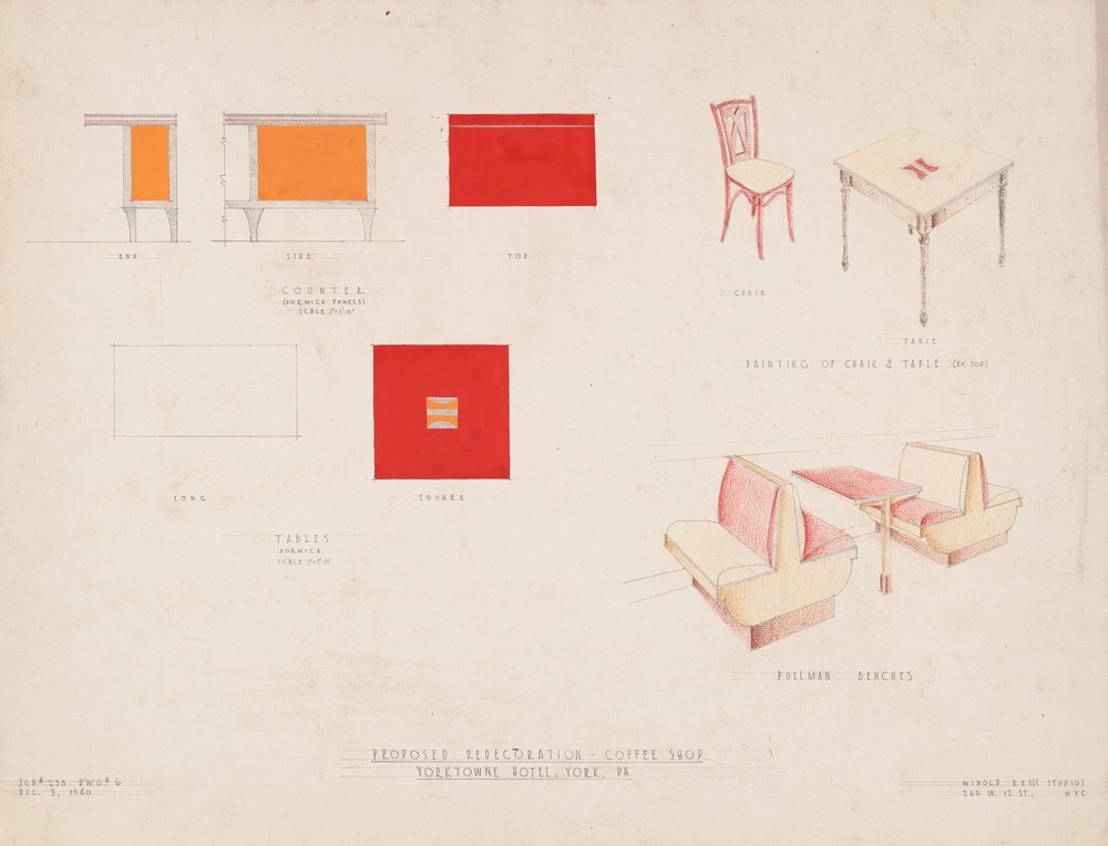 Drawings for proposed redecorations of Yorketowne Coffee Shop, Job #238, York, PA.] [Drawing #6, interior plans for tables, counters, benches