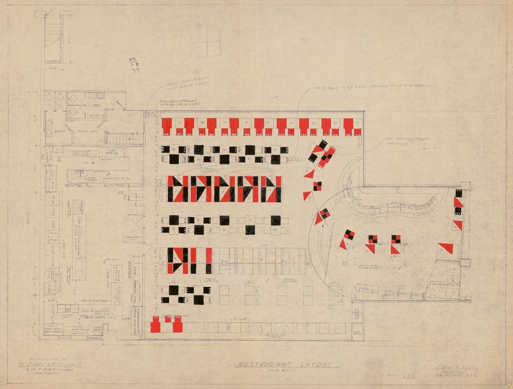 esigns and photographs for alterations to St. James Bar Restaurant, W. 181st St. and Broadway, New York, NY.] [Plan for restaurant layout of booths and tables