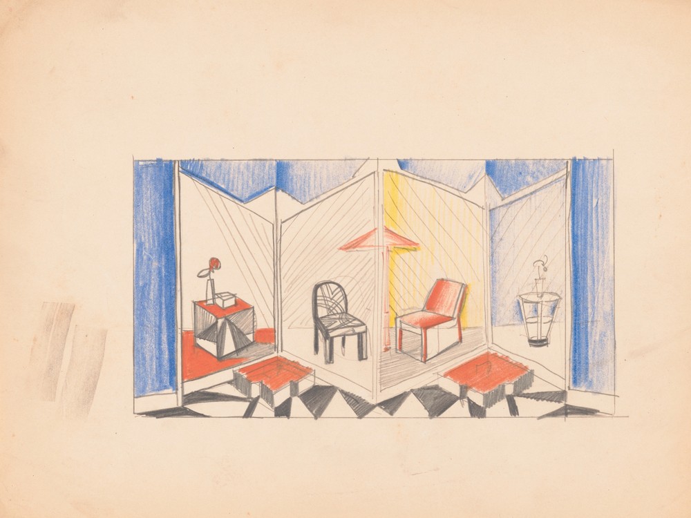 Exhibit design with stage in form of folding screen.] [Sketch of exhibit with modern chairs and tables