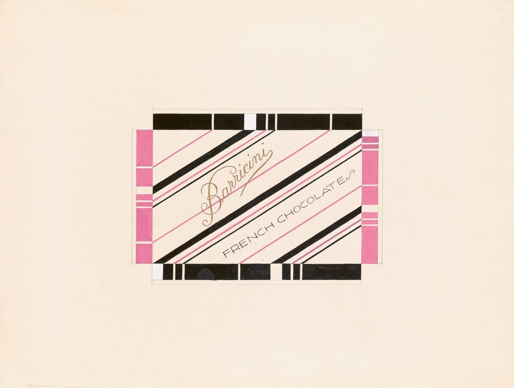 Graphic design drawings for Barricini Candy packages.] [Study, ‘French Chocolates’ candy box, pink and black