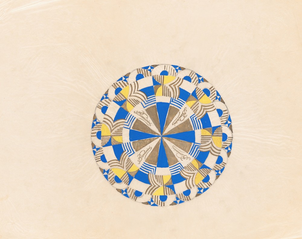 Graphic design drawings for Barricini Candy packages.] [Study, wheel pattern lid design in blue, yellow, and gold