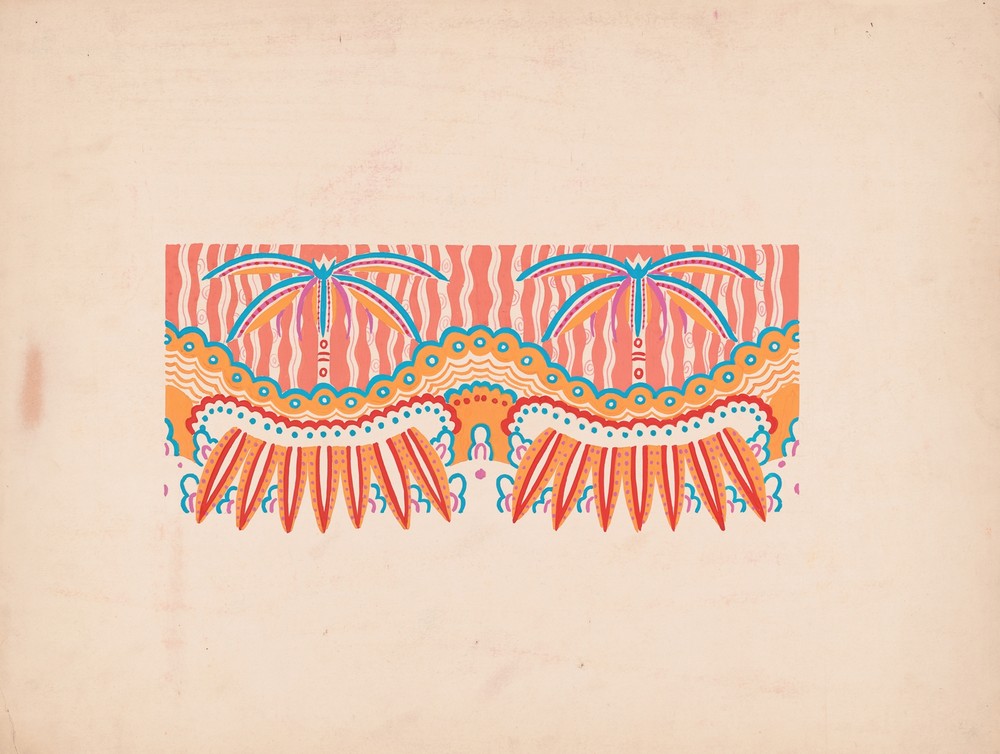 Graphic textile or wallpaper designs with geometric patterns.] [Interior; mural color study, tropical theme with palm trees