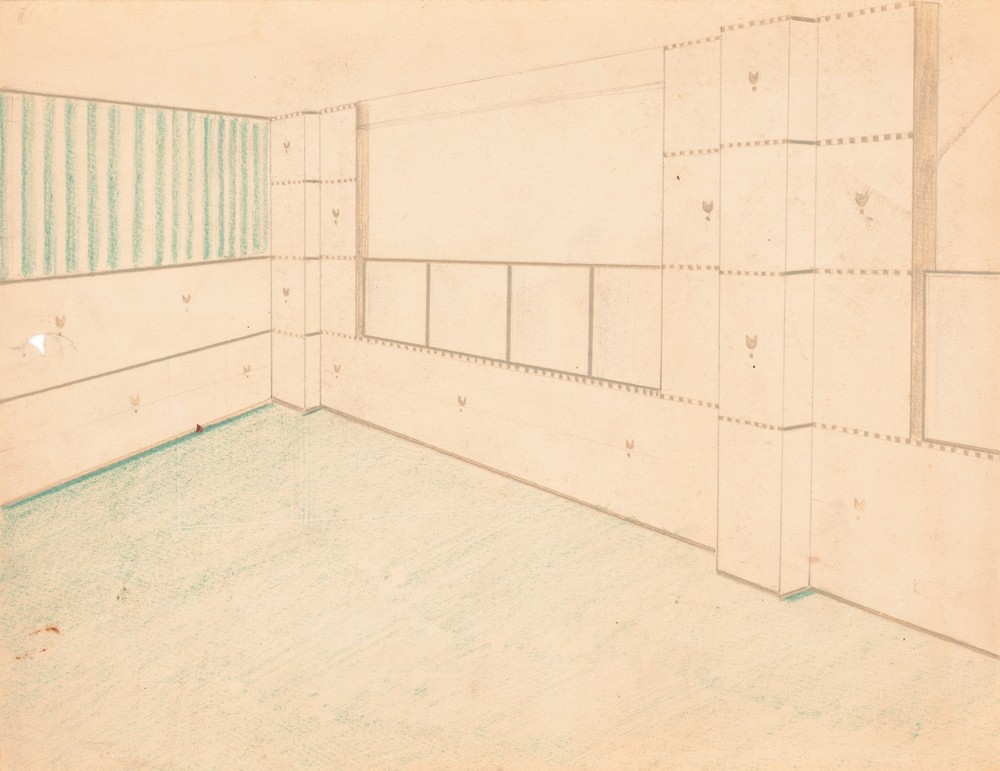 Interior design drawings for unidentified rooms.] [Sketch for interior with green coloring and floral pattern on wall