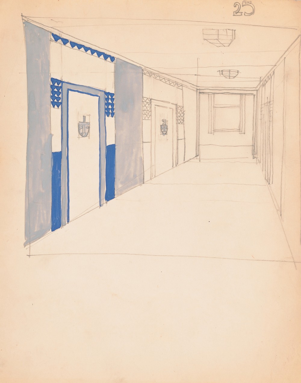 Interior design sketches for Alamac Hotel, 71st and Broadway, New York, NY.] [Incomplete interior perspective of a hallway
