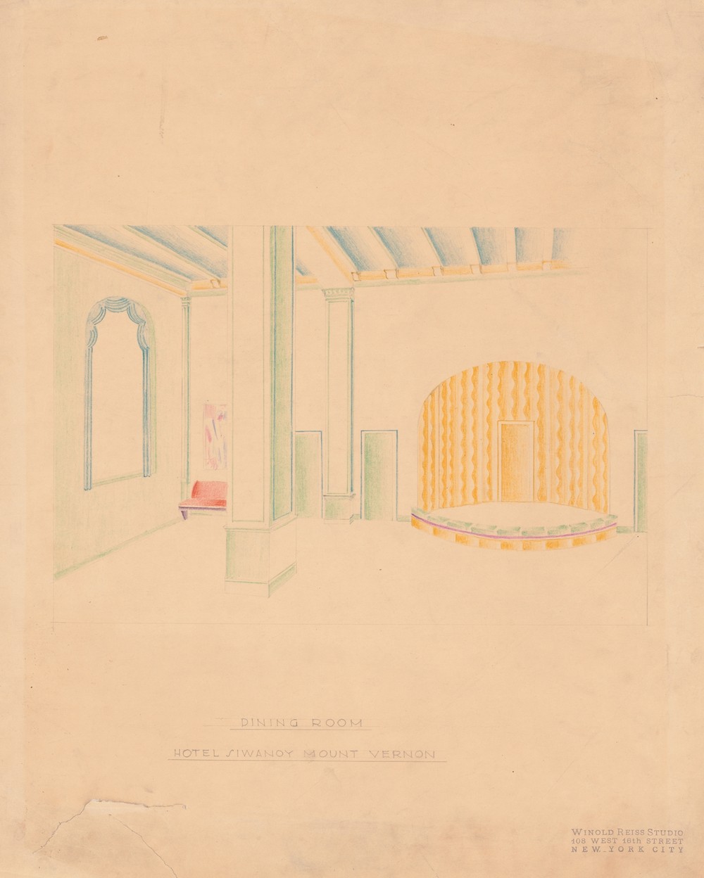 Interior perspective drawings of Hotel Siwanoy, Mount Vernon, NY.] [Interior perspective of dining room