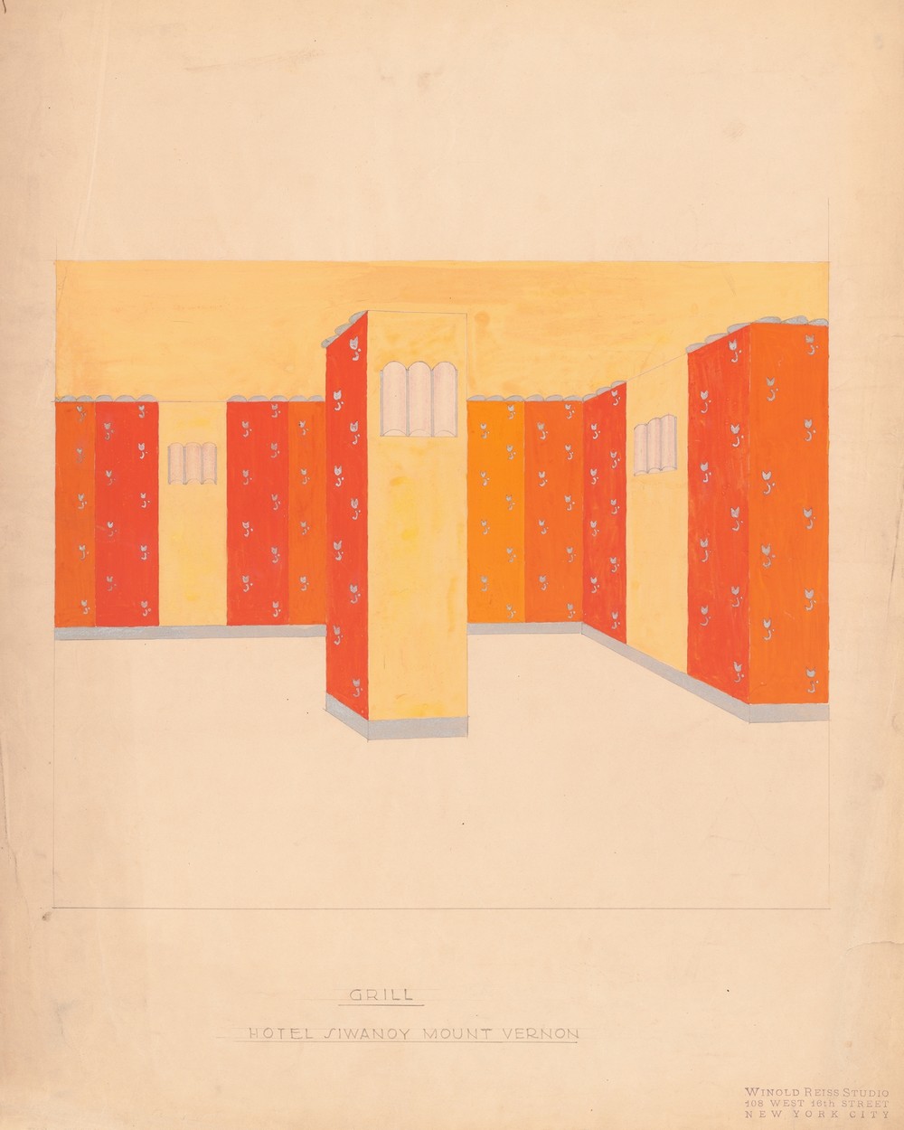 Interior perspective drawings of Hotel Siwanoy, Mount Vernon, NY.] [Interior perspective study of Grill in red, yellow, and orange