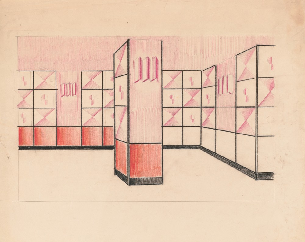 Interior perspective drawings of Hotel Siwanoy, Mount Vernon, NY.] [Interior perspective, unidentified room in pink, vermillion, and black