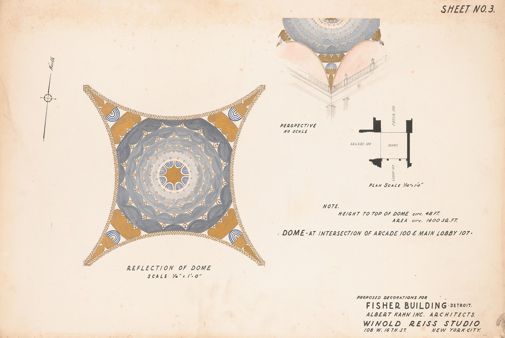 Proposed decorations for Fisher Building, Detroit, MI.] [Sheet No. 3, Dome at intersection of arcade 100 and Main Lobby 107