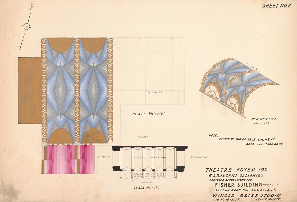 Proposed decorations for Fisher Building, Detroit.] [Theatre foyer 109 & adjacent galleries