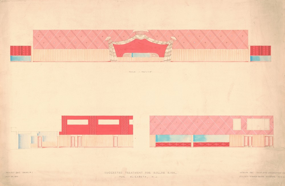 Proposed treatment for roller rink, Elizabeth, N.J.] [Wall elevations, royal scheme