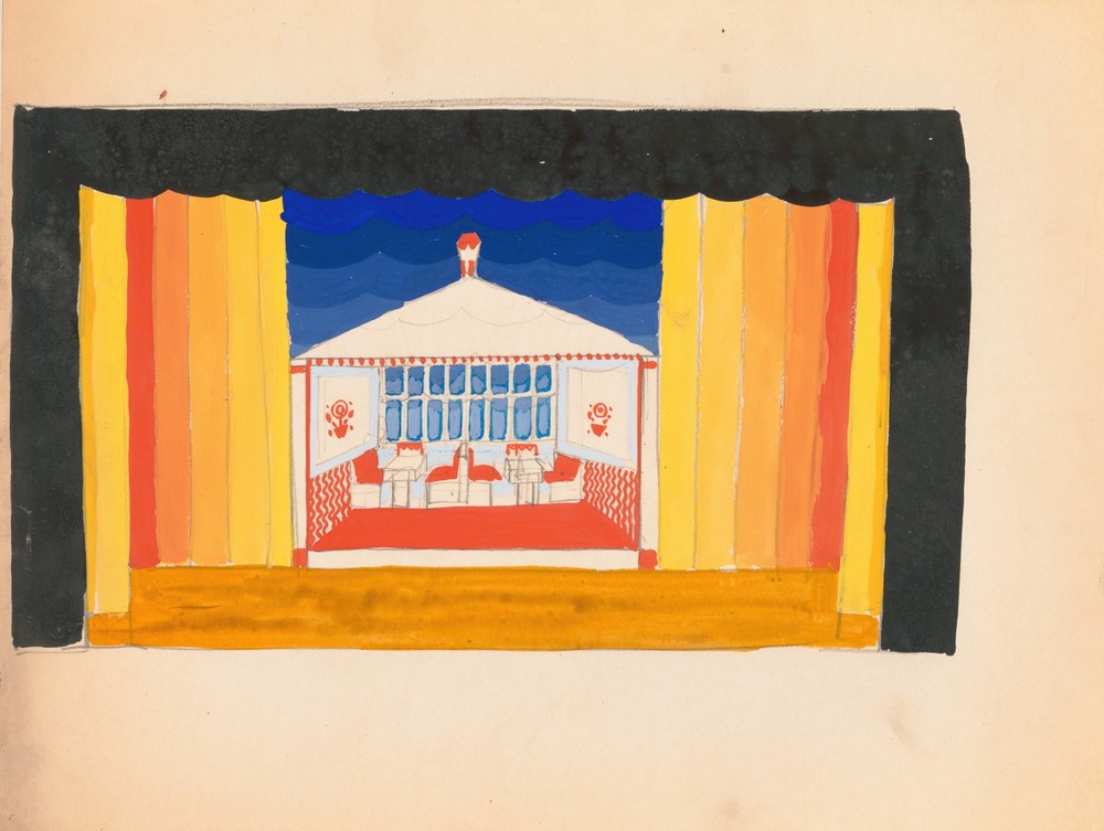 Designs for theater with black-framed proscenium and boldly colored settings.] [Study for stage light wall decoration, possibly for Caf ̌Crillon (277 Park Avenue)