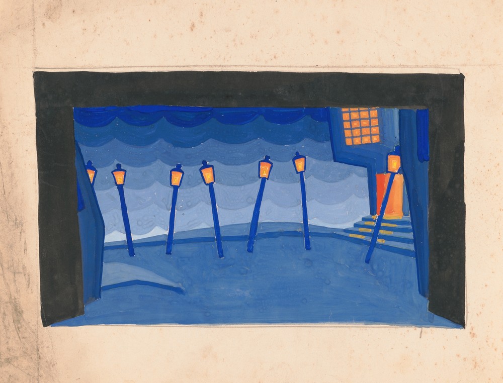 Designs for theater with black-framed proscenium and boldly colored settings.] [Study for stage light wall decoration, possibly for Caf ̌Crillon (277 Park Avenue)