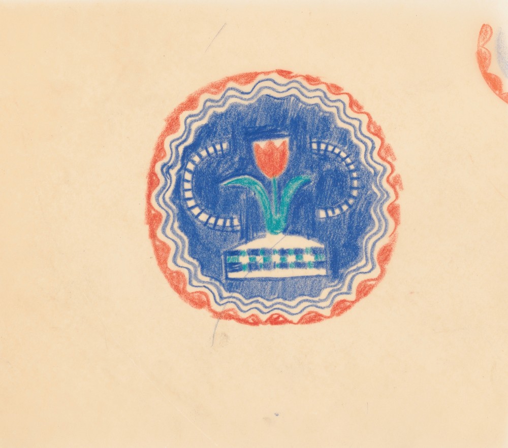 Miscellaneous small sketches for inlaid table tops.] [Design with blue and orange floral motif