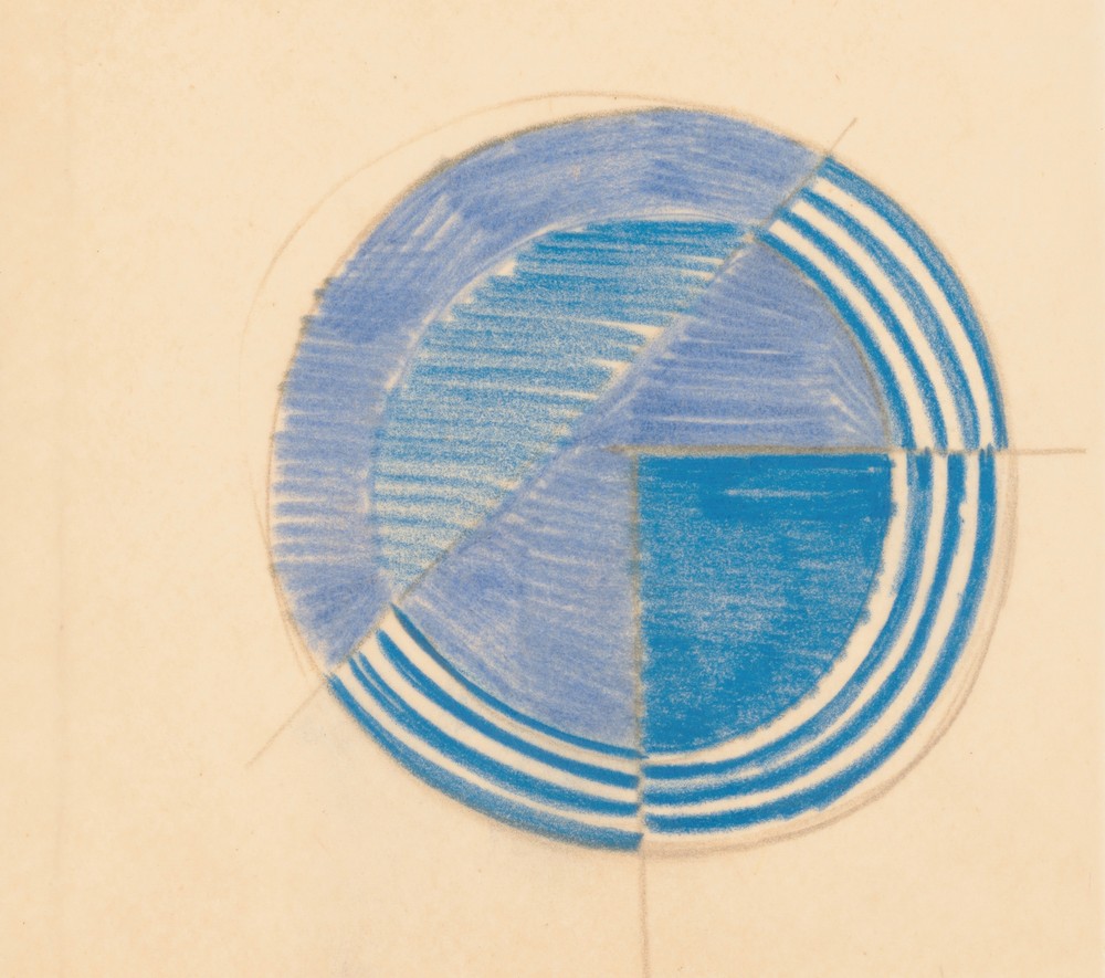 Miscellaneous small sketches for inlaid table tops.] [Design with blue circular motif