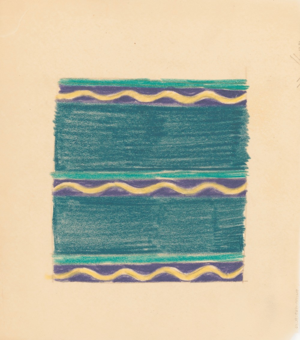 Miscellaneous small sketches for inlaid table tops.] [Design with green lines and yellow wave motif