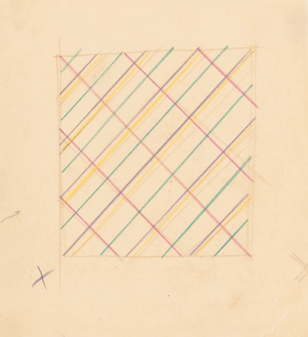Miscellaneous small sketches for inlaid table tops.] [Design with lined grid motif