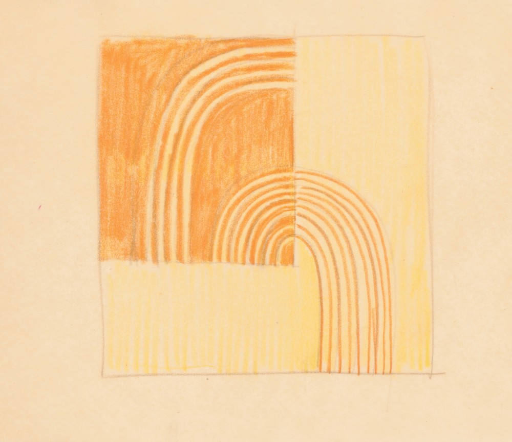 Miscellaneous small sketches for inlaid table tops.] [Design with orange and yellow geometric motif