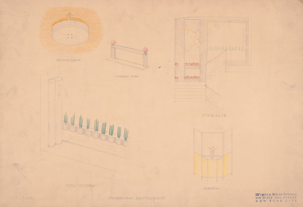 Designs for interior of Shoreham Restaurant. Perspectives and elevations for ceiling lamp, show window, window sign, staircase, and screen renderings