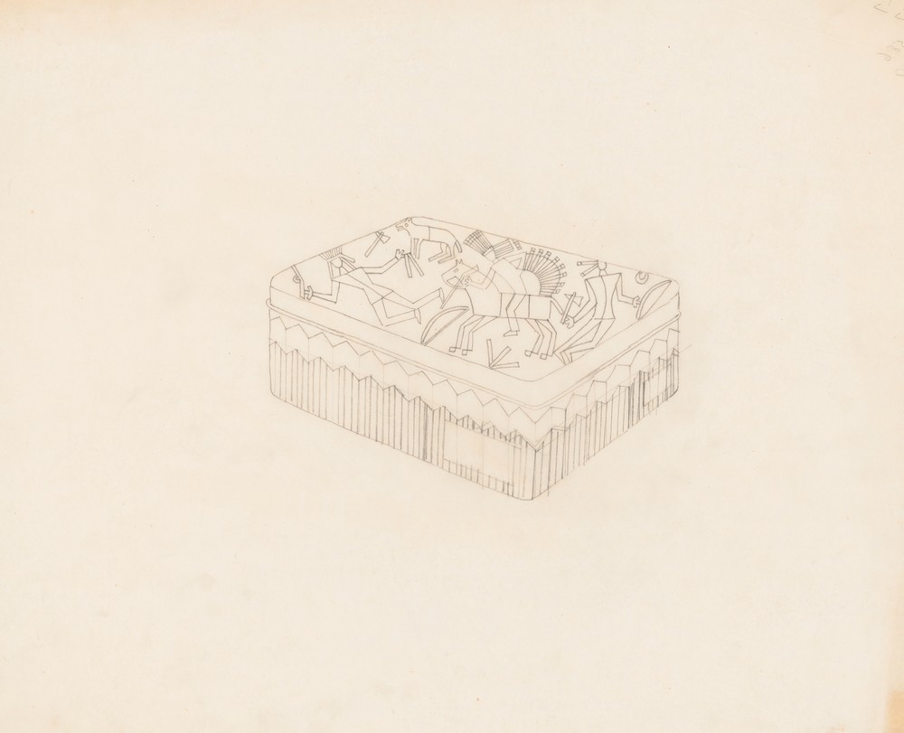 Graphic design drawings for Barricini Candy packages. 3-D Study, rectangular candy box with Indian motif