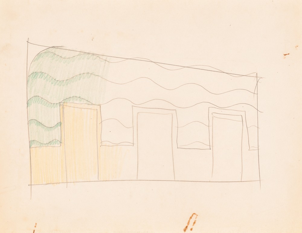 Interior design drawings for unidentified rooms. Sketch for unidentified interior partially colored green and yellow