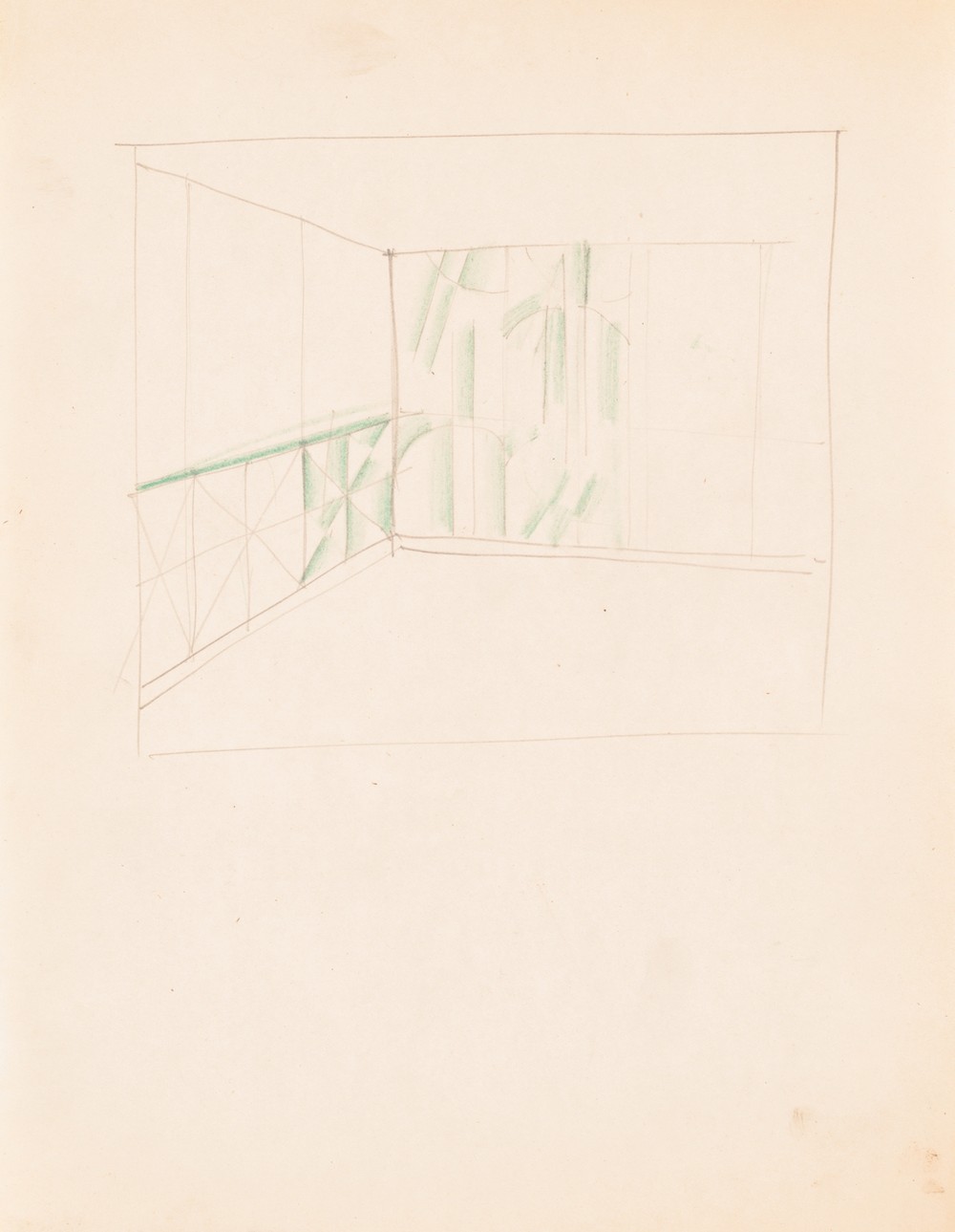 Interior design drawings for unidentified rooms. Sketch with green panels