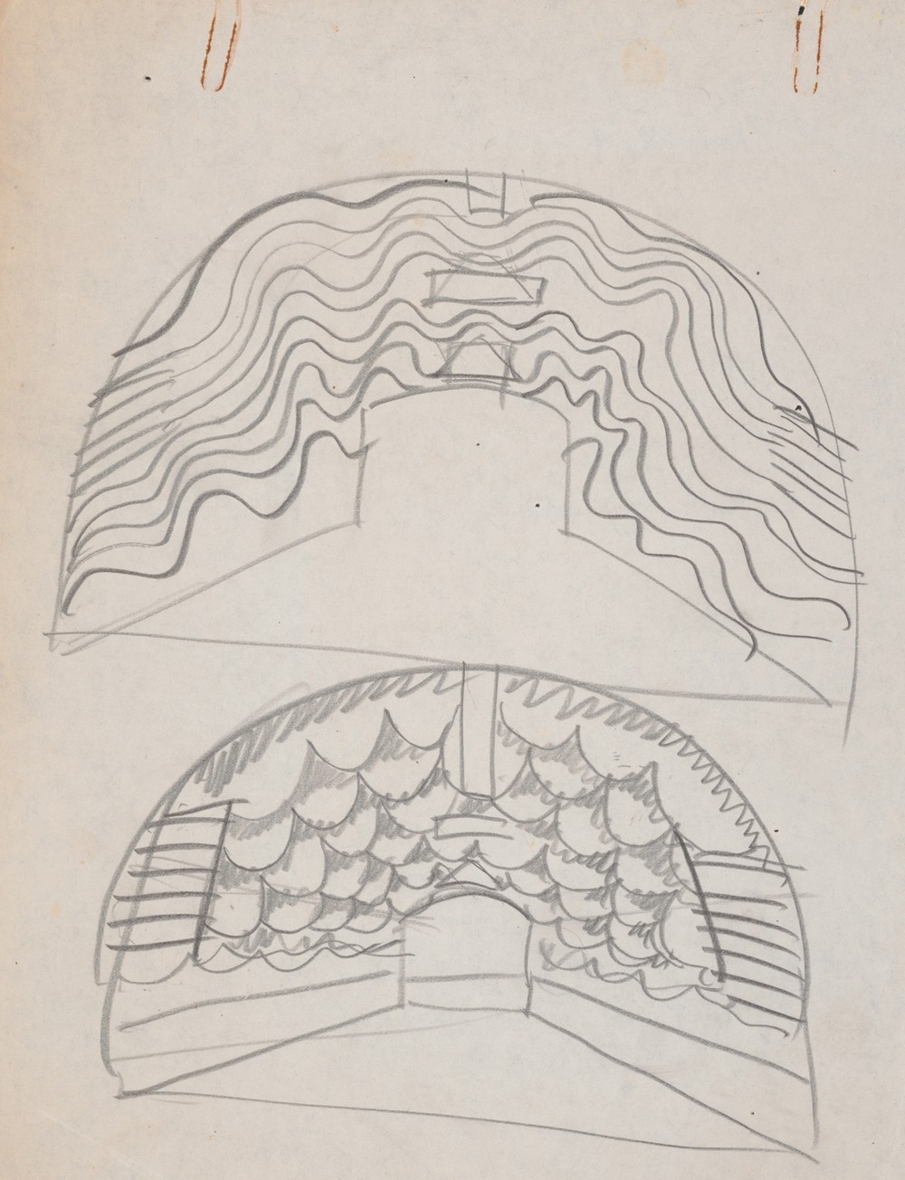 Suggested treatments of Auditorium for Theatre and Concert Hall, New York World’s Fair 1939. Sketch for unlettered scheme, for proscenium