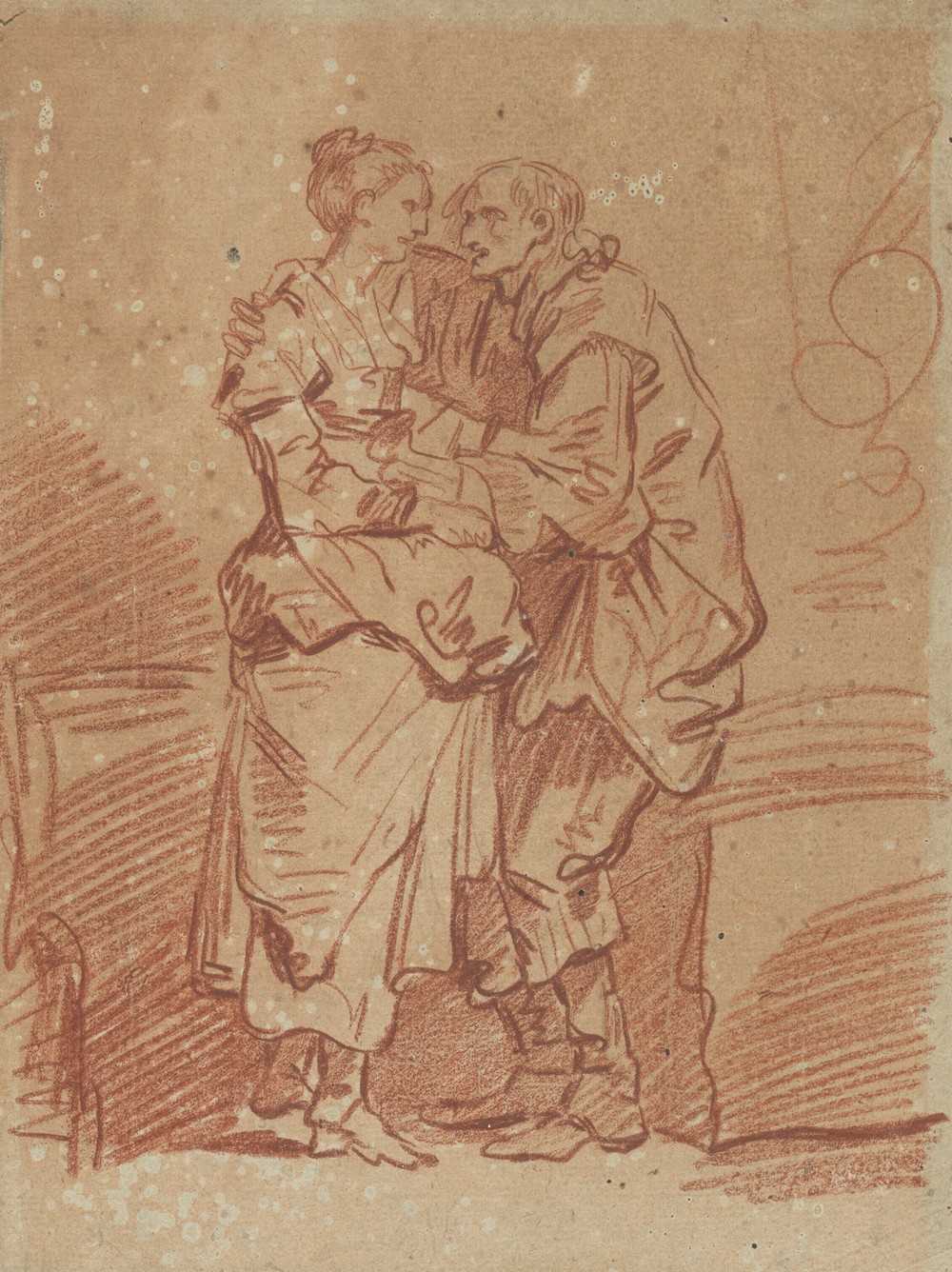 An old man with a bag of money embracing a young woman