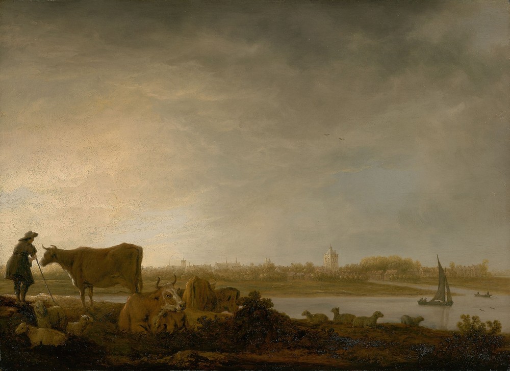 A View of Vianen with a Herdsman and Cattle by a River (c. 1643)