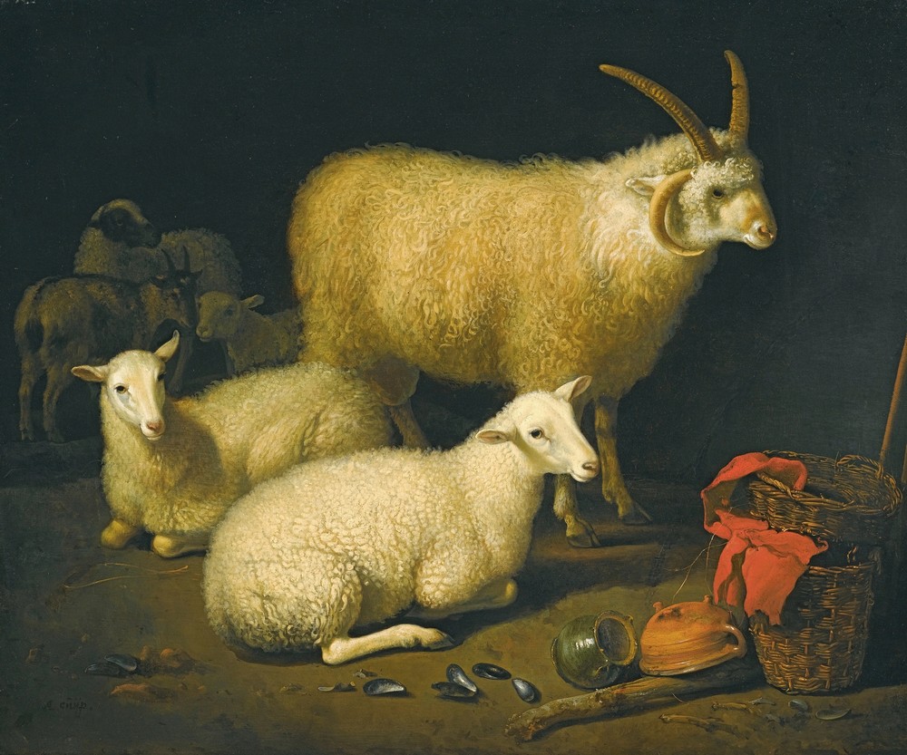A barn interior with a four-horned ram and four ewes, and a goat, with a still life of a basket and upturned pots to the right