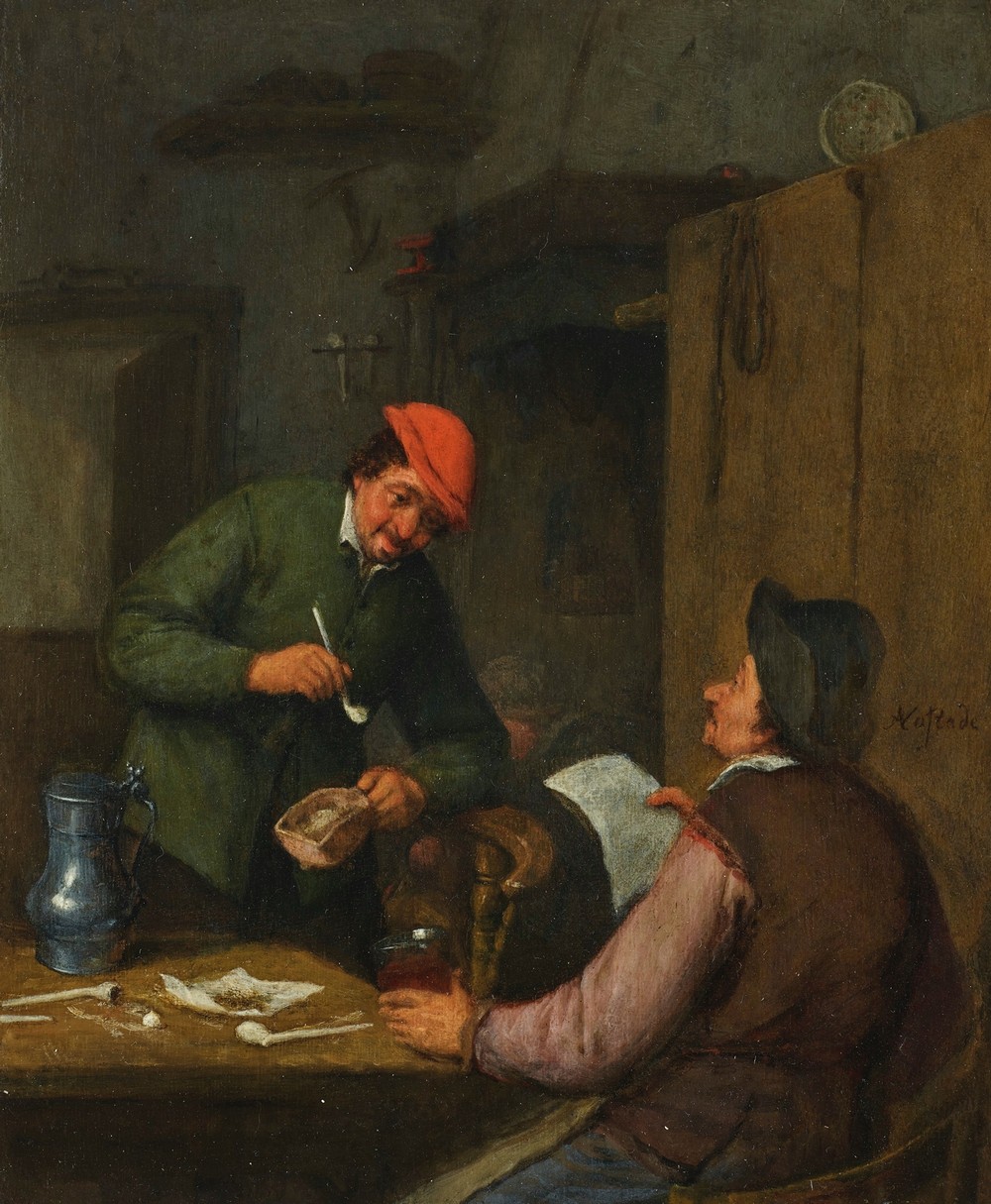 Two peasants smoking, drinking and reading at an inn