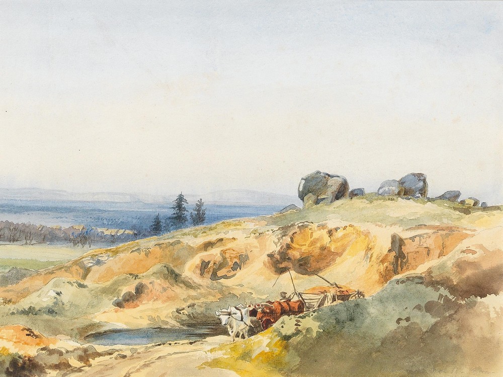 A landscape with a narrow path and an oxcart