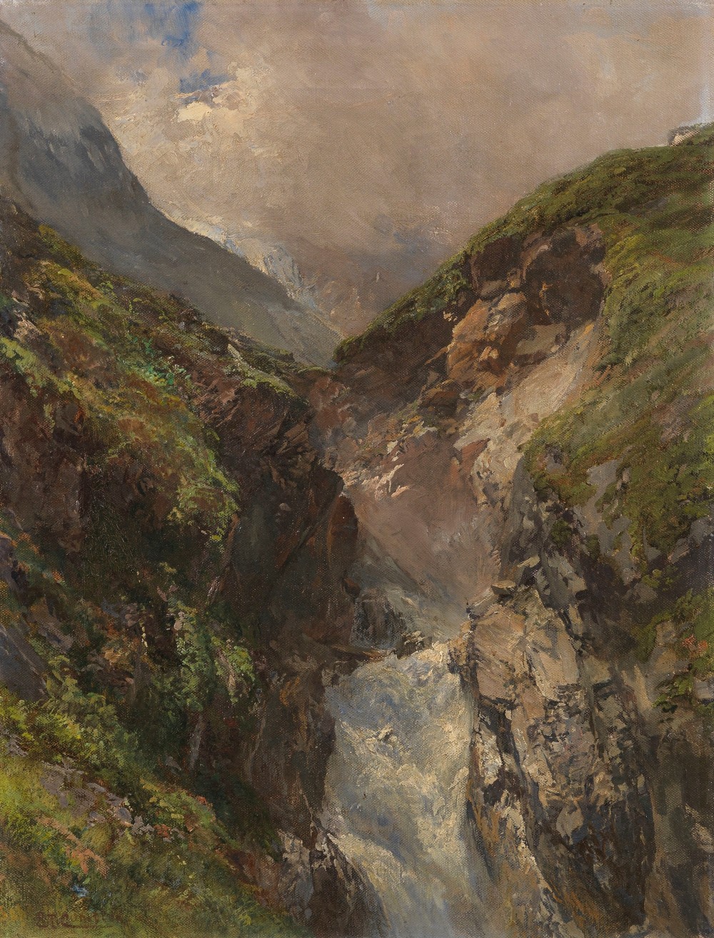 Gebirgsschlucht mit tosendem Wasserfall (Ca. 1880)