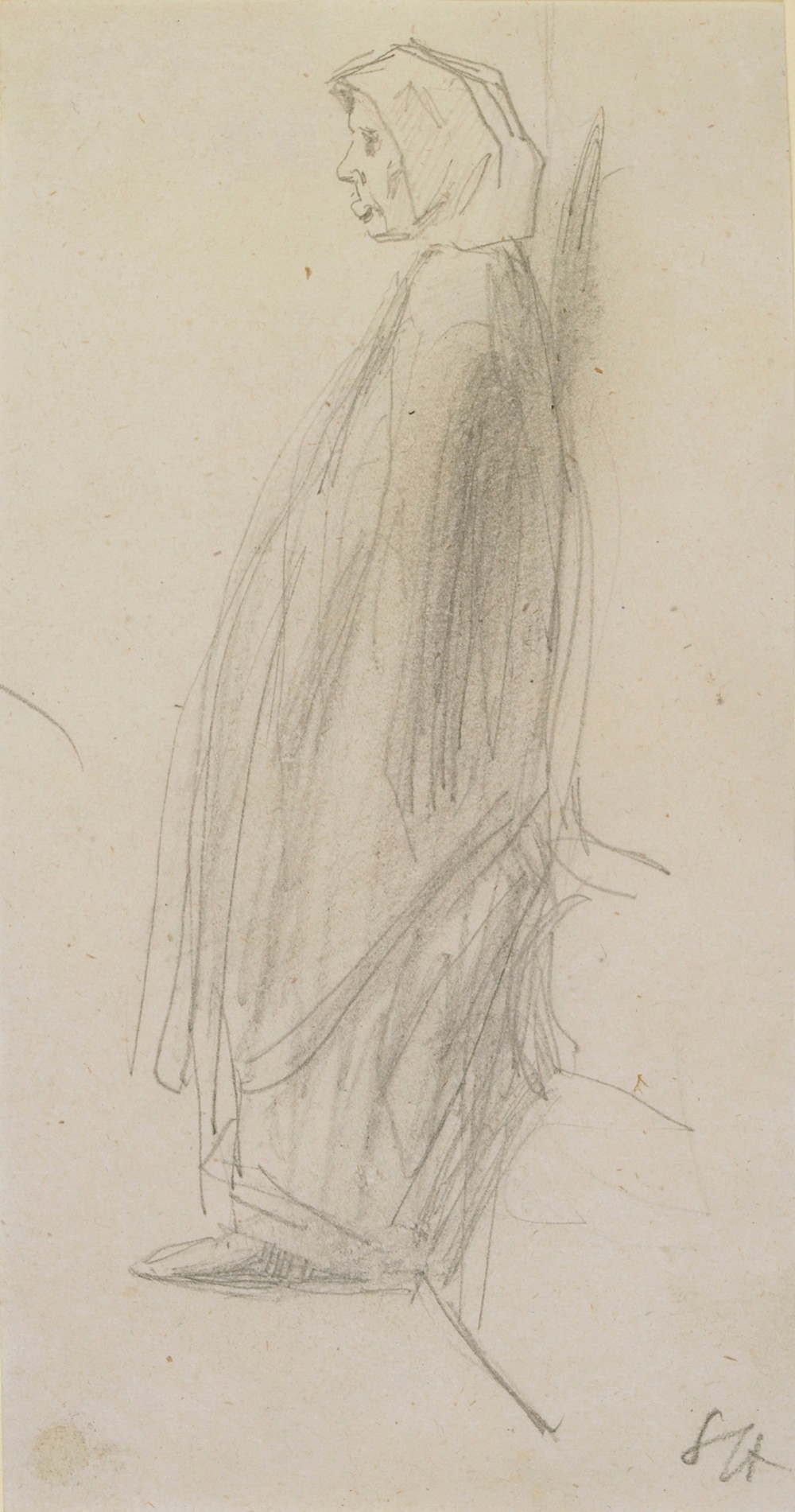 Profile sketch of an old woman standing