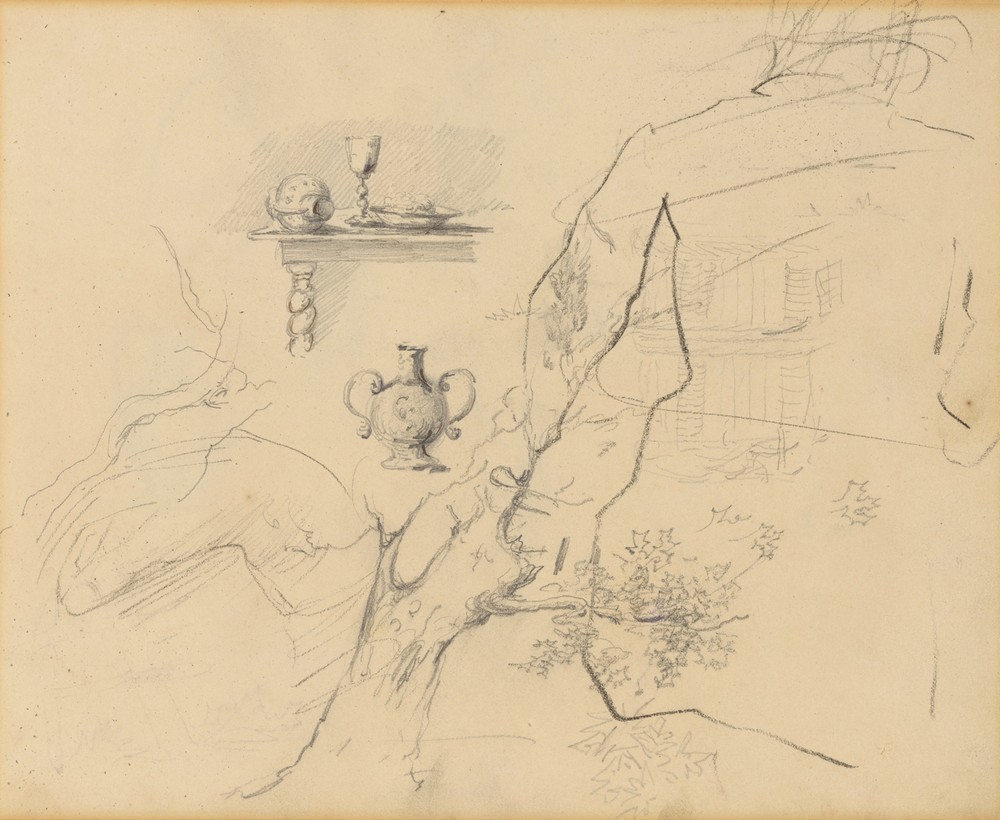 Fragment van een boom, stilleven op een barokke tafel, kruik en figuren (from 1880 until 1885)