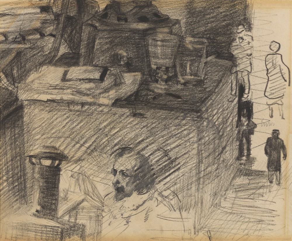 Hoek in het atelier met kachelvoet, kist en figuren (from 1880 until 1885)