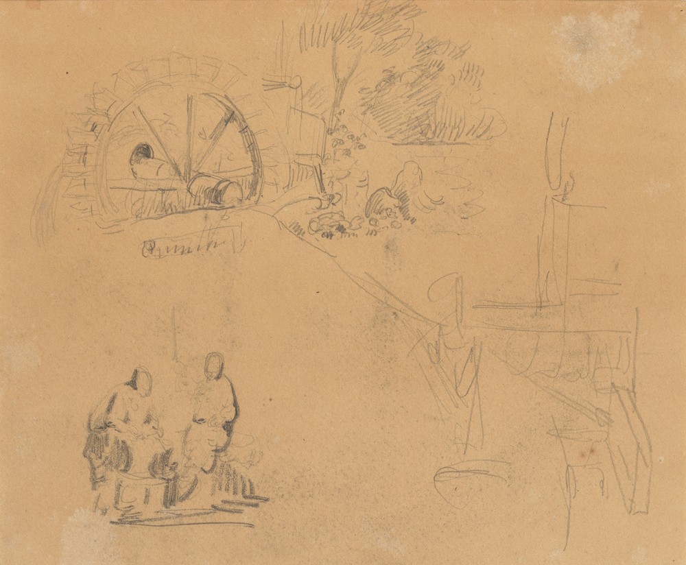 Landschapsfragment met waterrad en twee figuren (from 1880 until 1885)