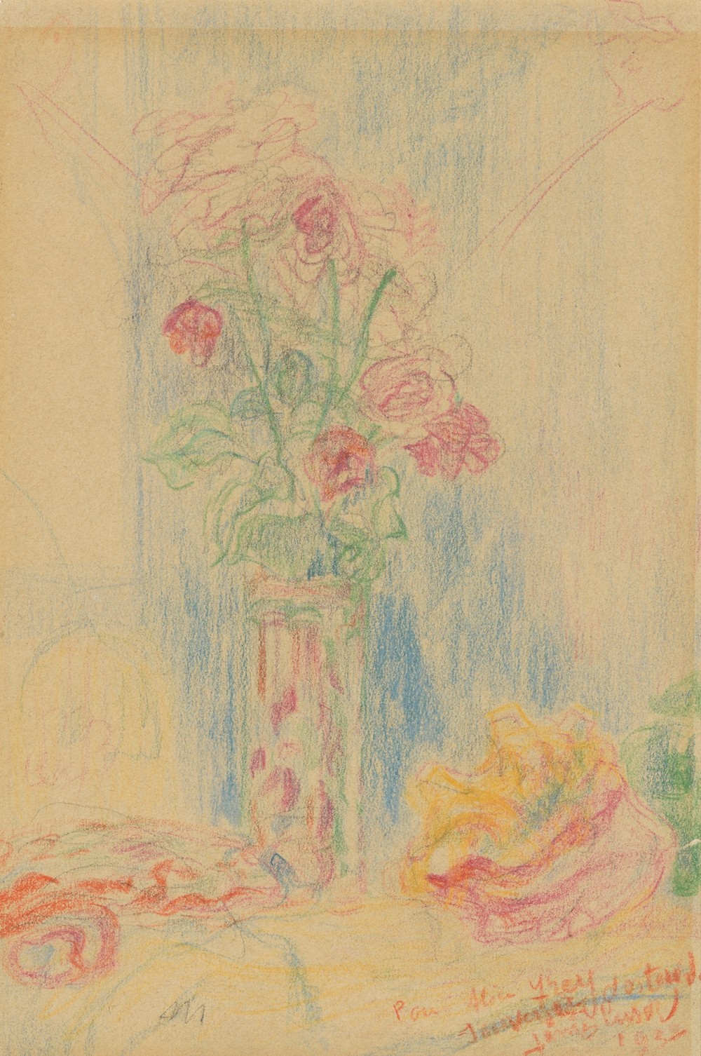 Vaas met bloemen en schelp