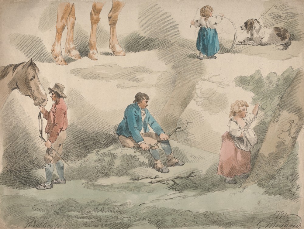Studies of Girls, one Playing with Hoop, one Picking Berries, Man and Horse, etc.