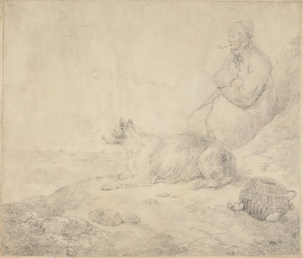 Fisherman and Dog Sitting by the Coast