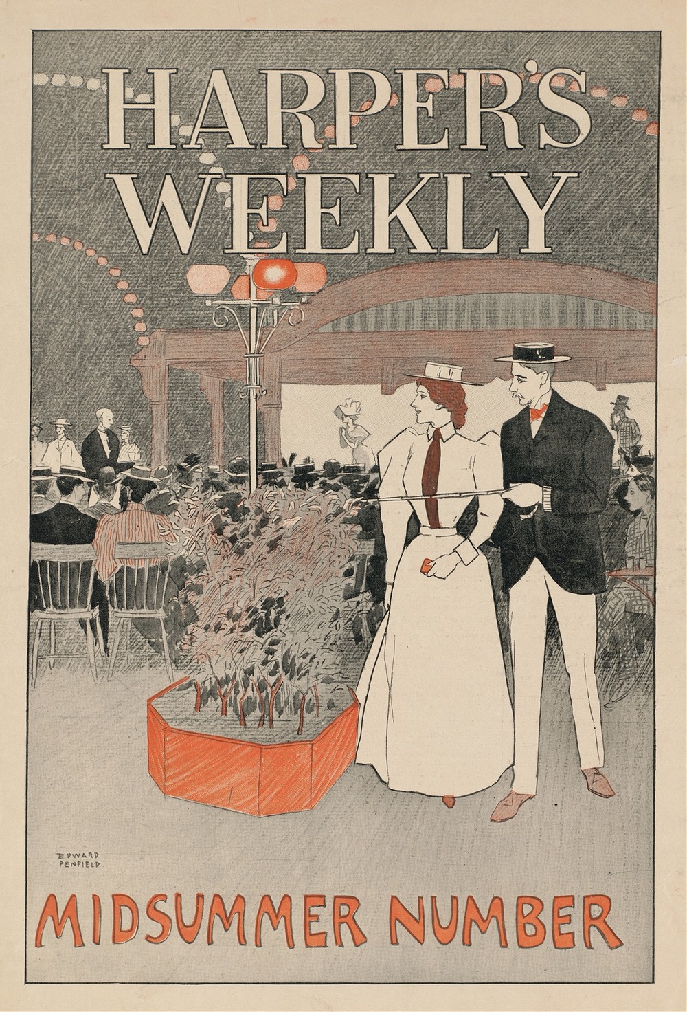 Man and woman sit in a crowded café looking over a crowd with the man pointing with a cane