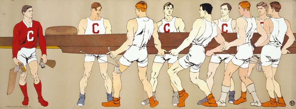 Cornell crew team holding a boat; on left is team coxswain