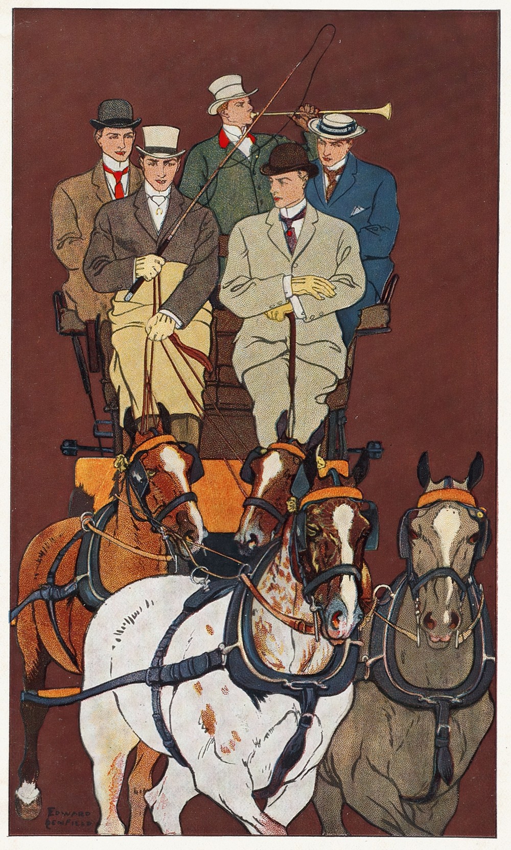 Five men riding in a carriage drawn by four horses (ca. 1890–1920)